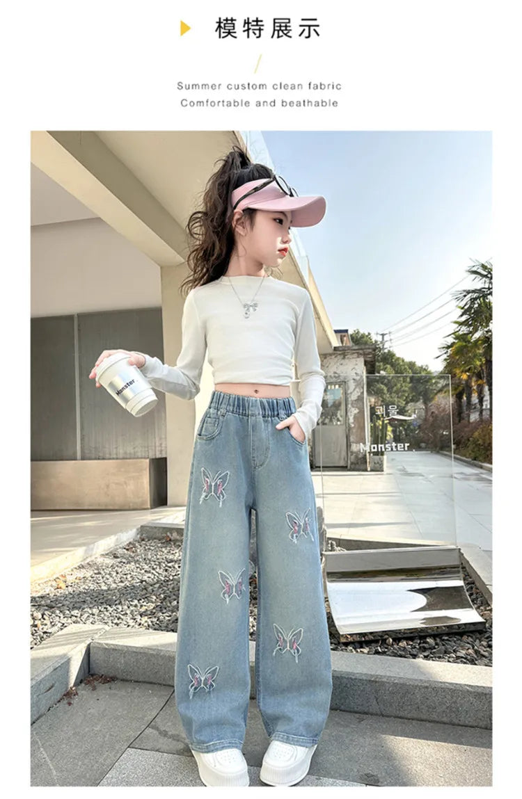 Coreano menina perna larga jeans com lindas borboletas crianças cintura alta solta calças jeans adolescente casual jeans crianças