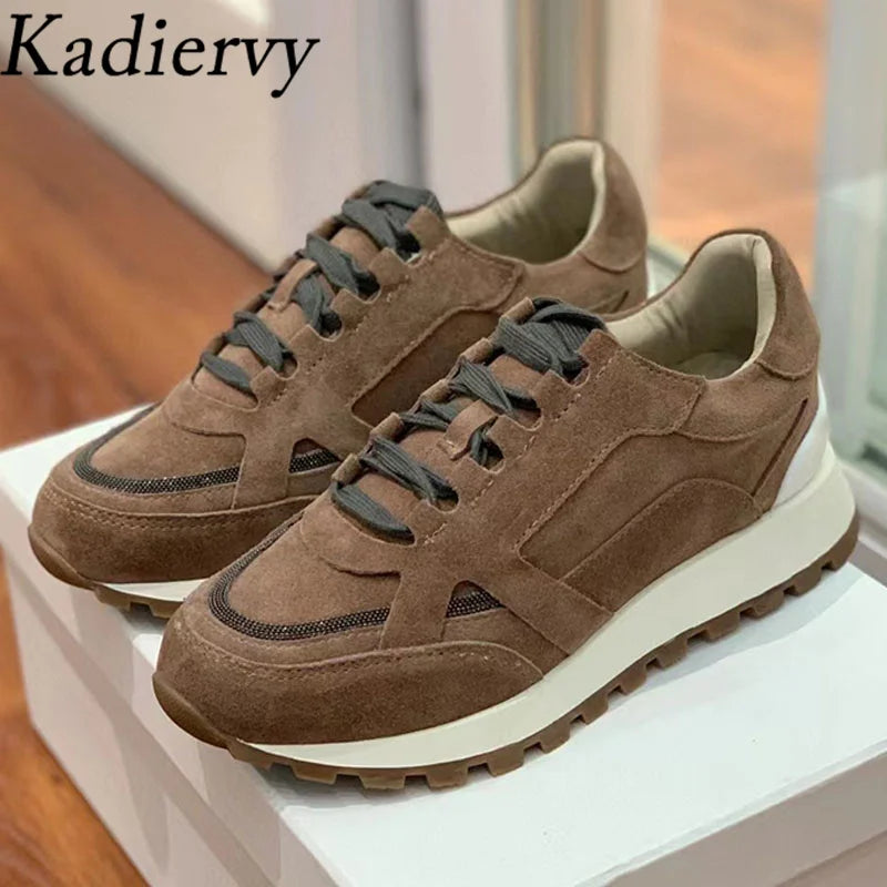 Sapatos casuais mulher dedo do pé redondo corrente corda grânulo conforto tênis de corrida senhoras camurça vaca retalhos rendas até tênis planos