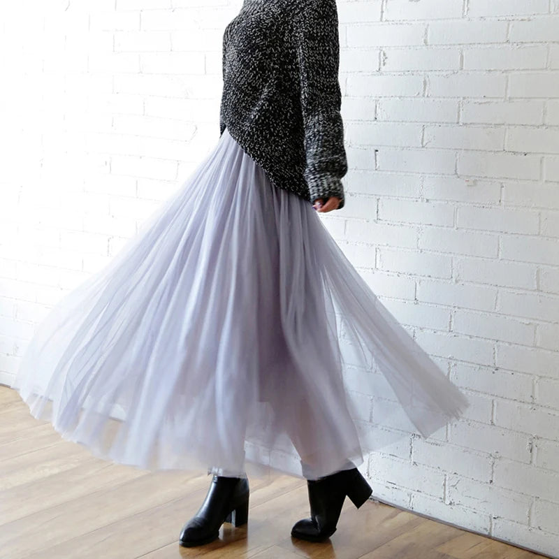 Maxi Longa Saia de Tule Mulheres 2024 Outono Inverno Elástico Cintura Alta Vestido de Bola Saia Feminino Adulto Tutu Saia Jupe Longue