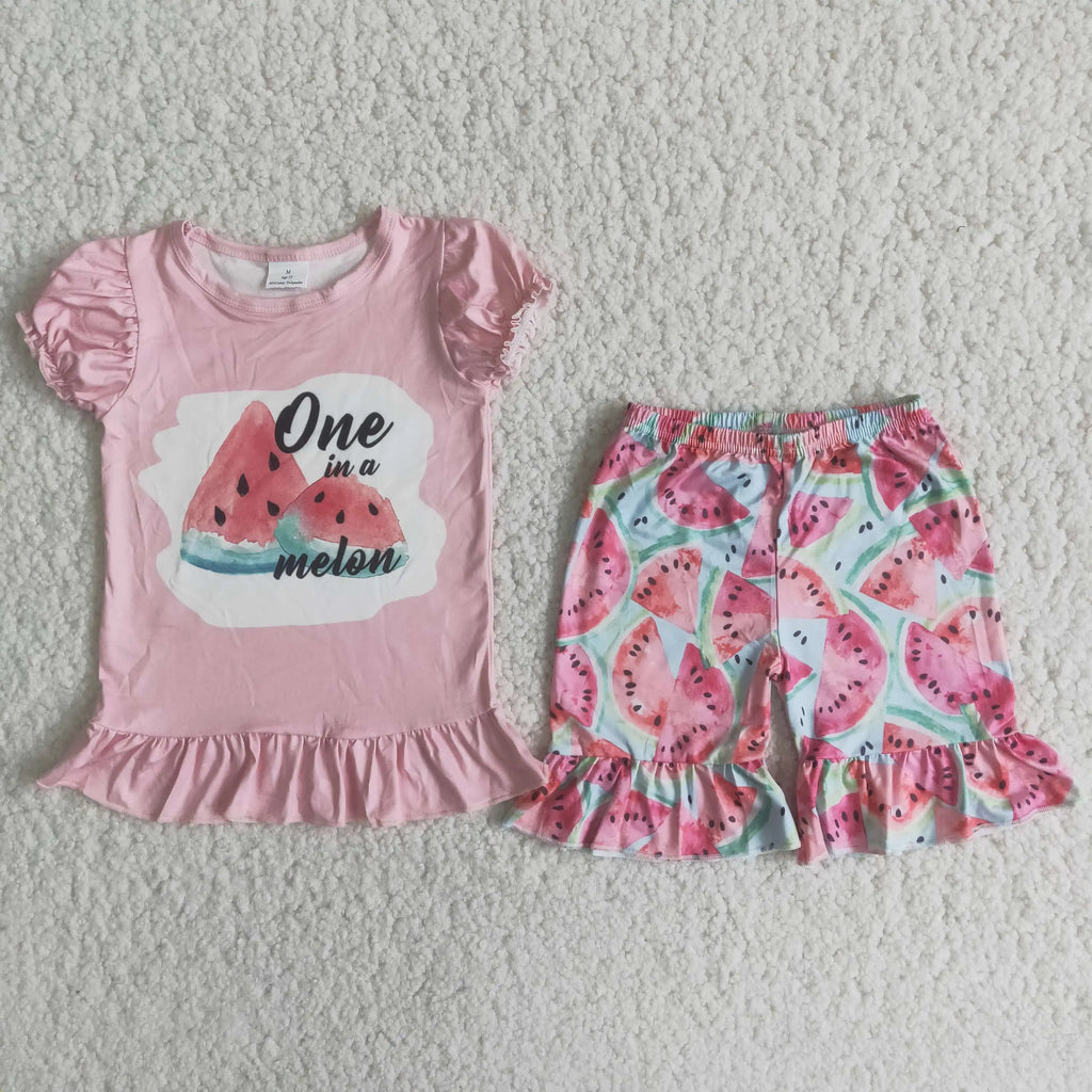 Bebê meninas boutique verão frutas roupas melancia vermelho camisa rosa dot plissado shorts atacado crianças roupas conjunto criança roupa