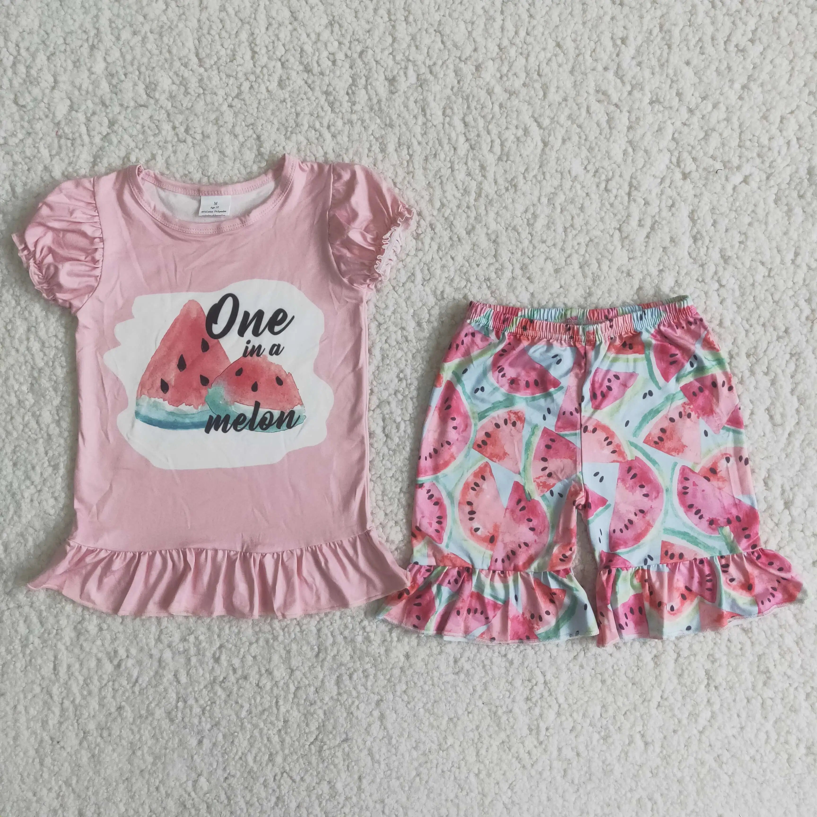 Bebê meninas boutique verão frutas roupas melancia vermelho camisa rosa dot plissado shorts atacado crianças roupas conjunto criança roupa
