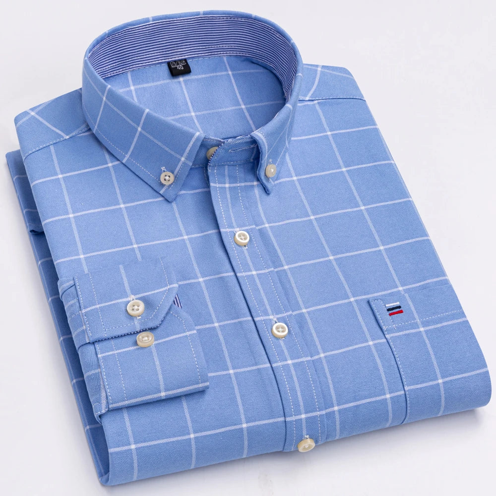 Camisas de vestido de algodão com design de gola de lapela listrada xadrez na moda masculina, camisa casual de manga comprida com botões para primavera/outono