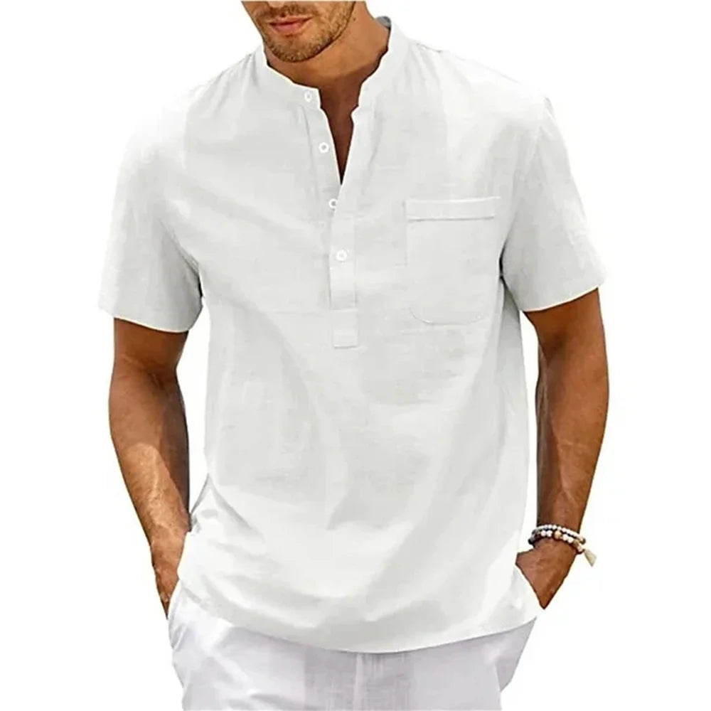 Camisa de linho de algodão masculina henley pescoço bolso casual praia manga curta cor sólida masculino topos camisetas vintage streetwear