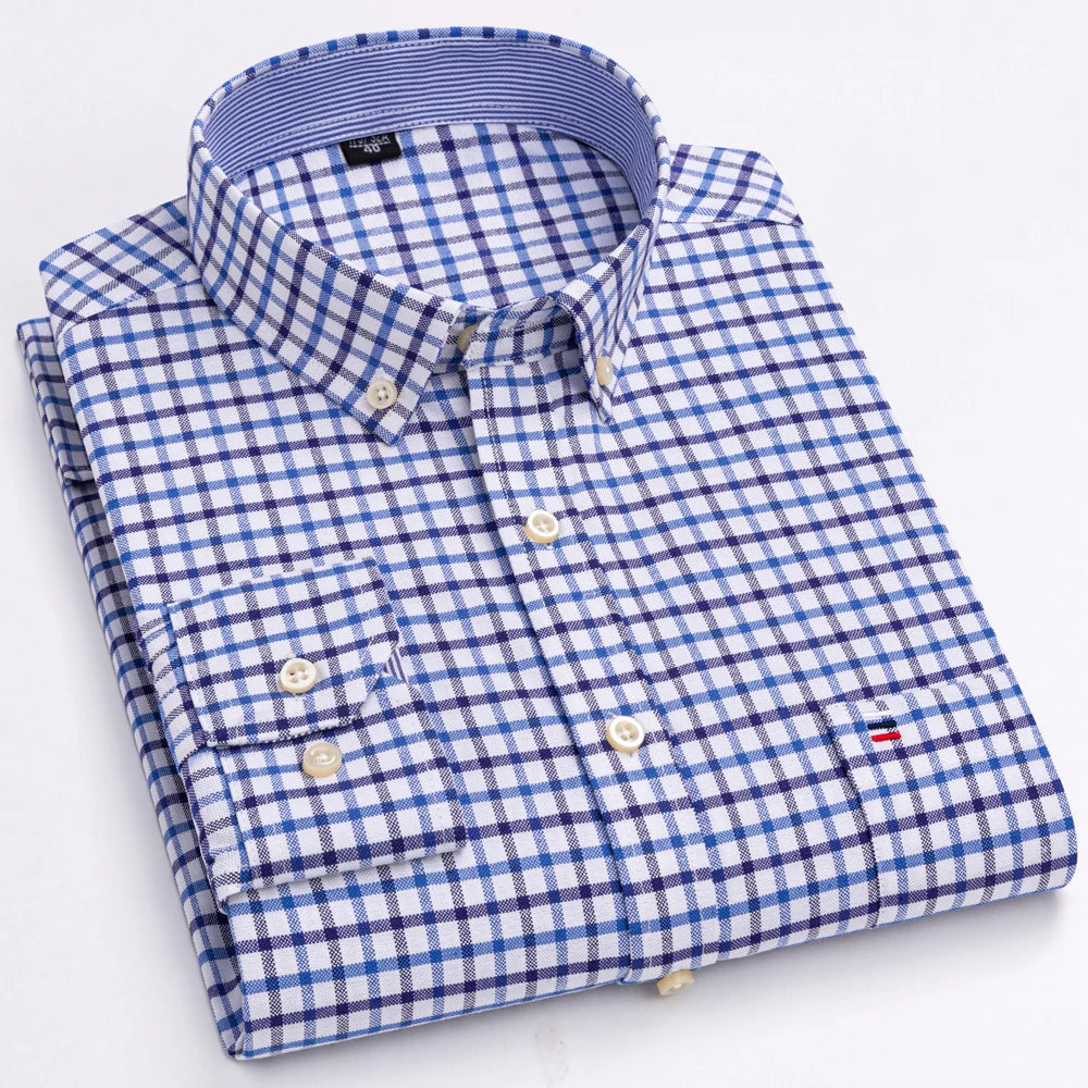 Camisas de vestido de algodão com design de gola de lapela listrada xadrez na moda masculina, camisa casual de manga comprida com botões para primavera/outono