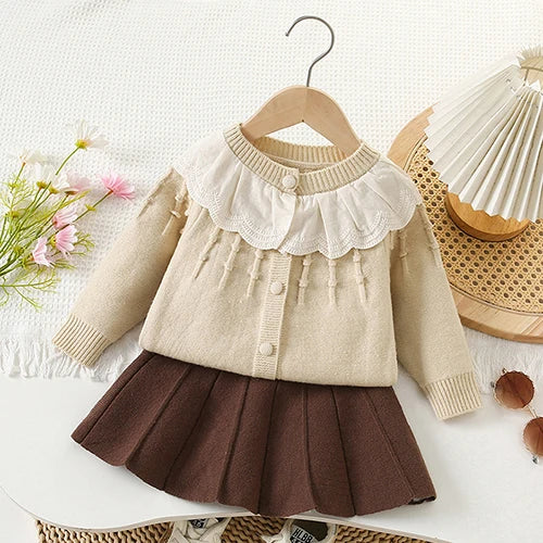 2025 novo outono 0-5yrs bebê meninas conjunto de roupas manga comprida malha cardigan casaco + saia curta crianças roupas de malha terno