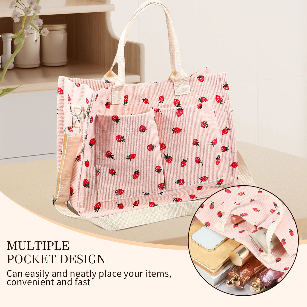 Bolsa tote fofa de morango com remendo para mulheres, bolsa tote de tecido de grande capacidade, sacola duradoura com ombro ajustável