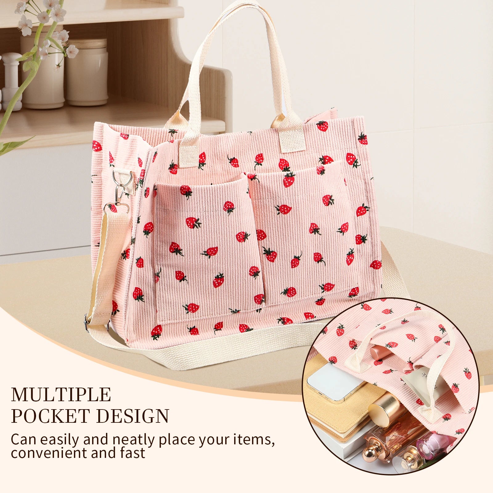 Bolsa tote fofa de morango com remendo para mulheres, bolsa tote de tecido de grande capacidade, sacola duradoura com ombro ajustável