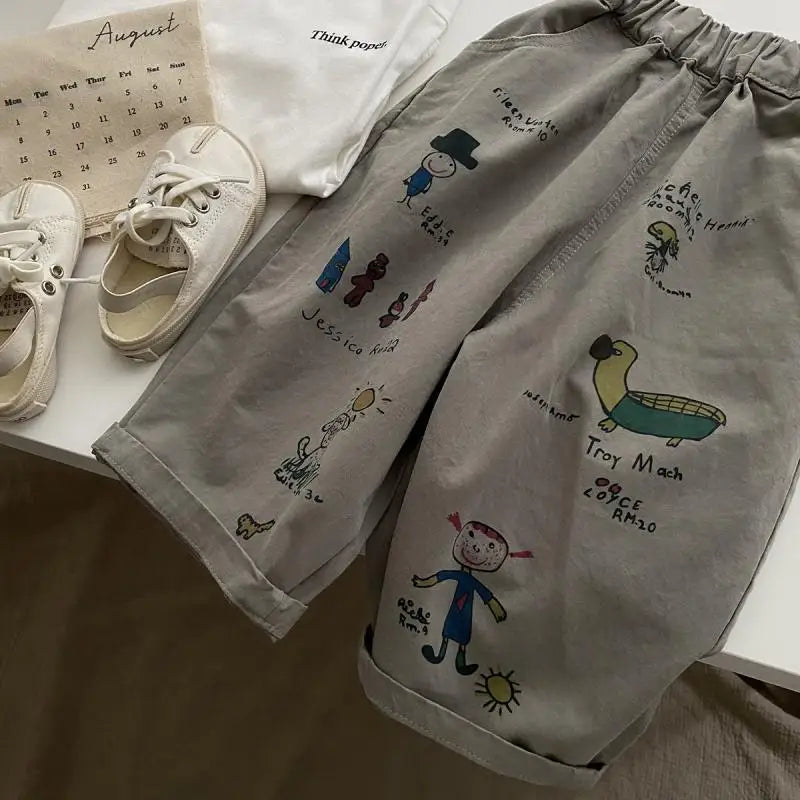 Japão coreano crianças roupas menino crianças moda calças primavera outono bebê bolso tornozelo comprimento solto menina dos desenhos animados calças casuais