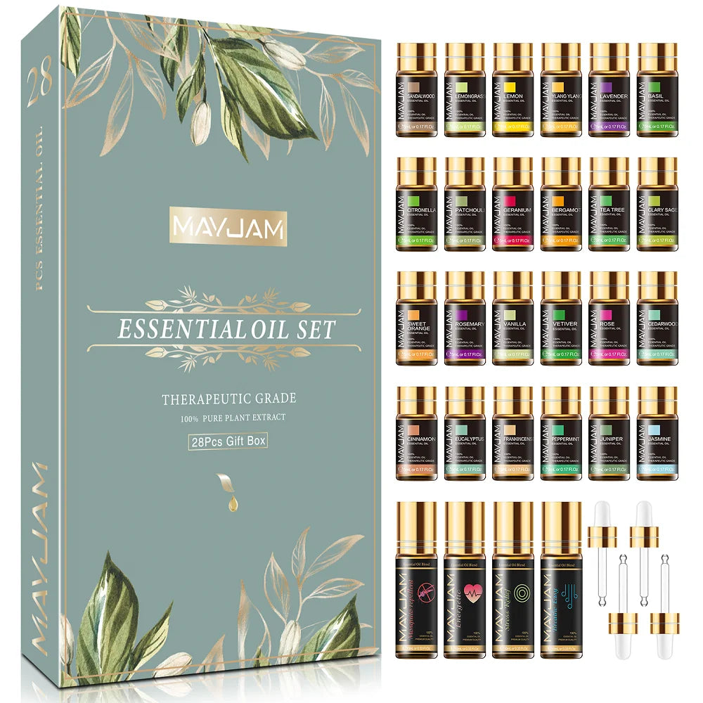 Mayjam 28 peças de óleos essenciais naturais puros, conjunto de presente para umidificador, difusor, lavanda, baunilha, sálvia, jasmim, rosa