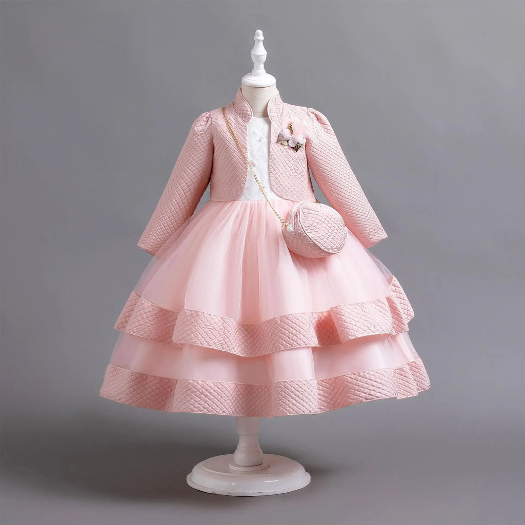 Novo outono/inverno vestido de festa de manga longa elegante menina bordado vestido de desempenho de natal saco de presente para crianças de 3 a 11 anos