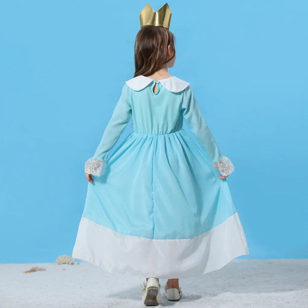 Pêssego rosalina vestido meninas margarida cosplay roupas crianças halloween vestir-se roupas de verão rendas applique princesa traje