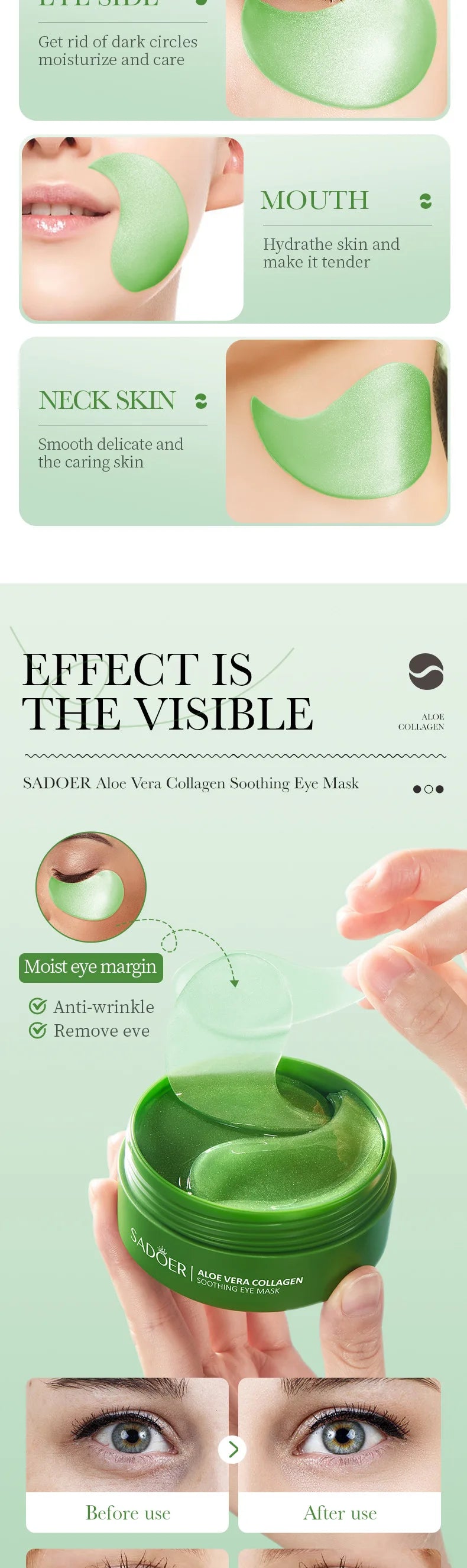 60 pçs/caixa aloe vera colágeno máscara de olho anti círculos escuros remover sacos de olhos hialurônico hidratante endurecimento remendos de olho cuidados com a pele