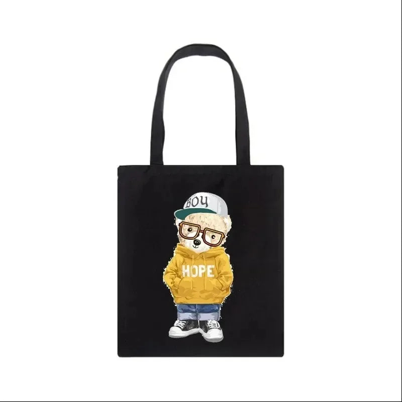 Moda urso impressão eco mulheres sacos de ombro bolsa feminina lona saco de compras casual grandes senhoras viagem totes sacos