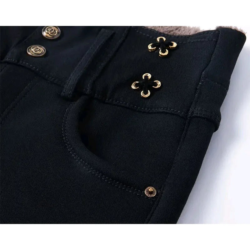 Jeans coreano elástico de cintura alta com pelúcia ártica, zíper de botão monocromático, calça lápis reta preta, moda fina, outono e inverno, nova