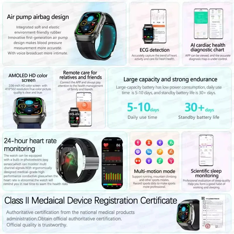 Novo Relógio de Saúde 2026: Medição Precisa de Pressão Arterial, Ácido Úrico e Lipídios no Sangue – Smartwatch Masculino e Feminino à Prova d'Água com Airbag