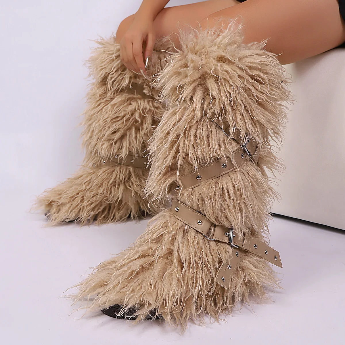 Botas femininas felpudas até o joelho |   Calçado de inverno com detalhes multi-fivela, texturas de leopardo e shearling