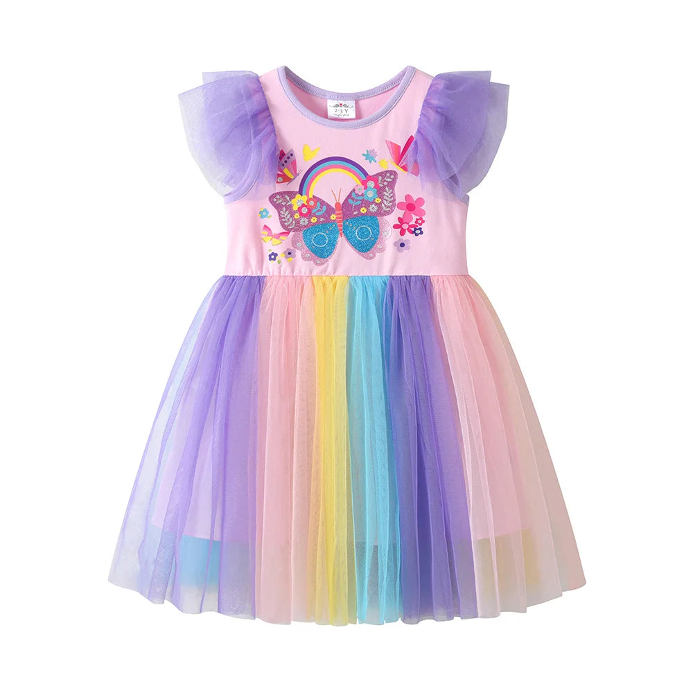 Vestido de verão com estampa de borboleta e flor para crianças, vestido rosa colorido para festa, férias, uso diário, vestidos de princesa, roupas infantis