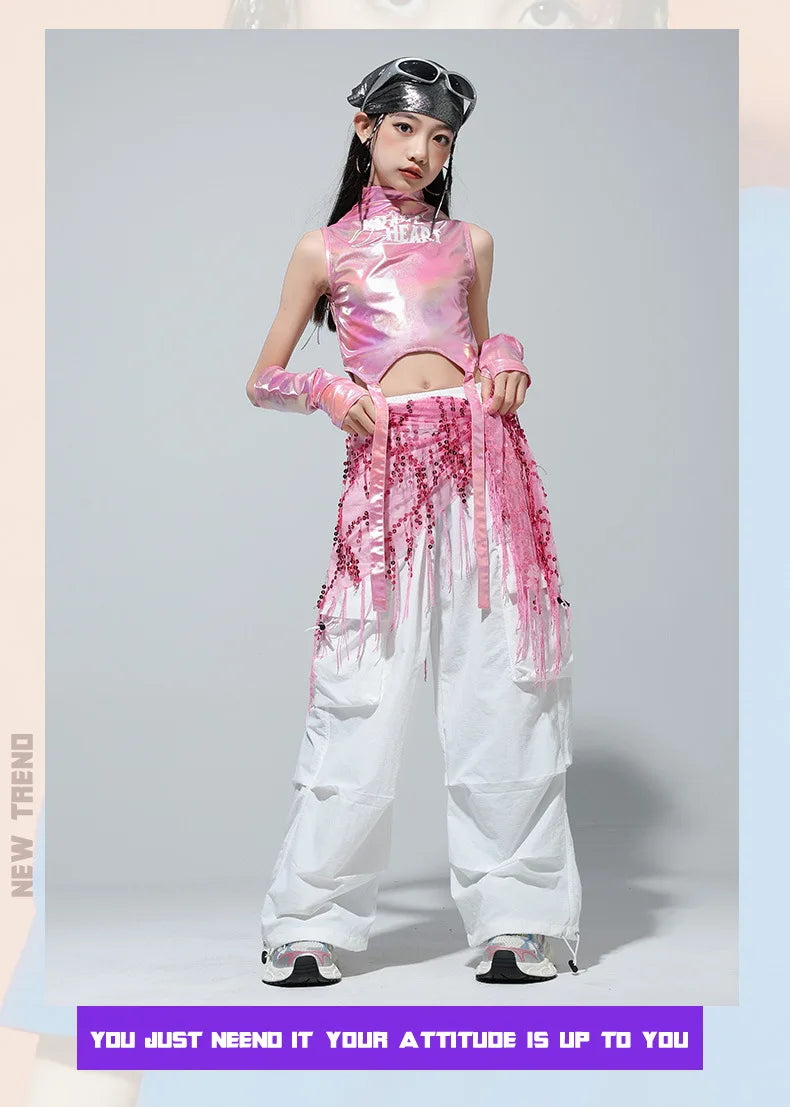 Meninas k-pop brilhante colheita superior calças de carga shorts de dança de rua crianças hip hop jazz conjuntos de roupas crianças streetwear menina grupo traje
