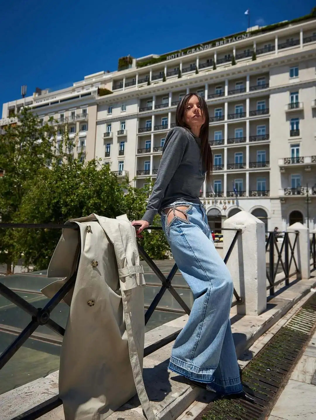 Calça Jeans Feminina Y2K Chic com Estrelas e Diamantes, Cintura Baixa, Recortes Laterais, Perna Larga Solta, Estilo Hip-Hop Streetwear Retrô Elegante