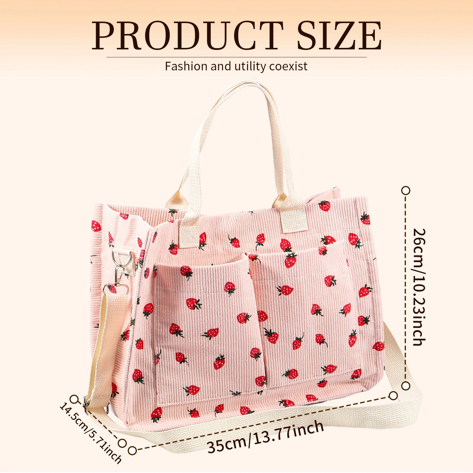 Bolsa tote fofa de morango com remendo para mulheres, bolsa tote de tecido de grande capacidade, sacola duradoura com ombro ajustável