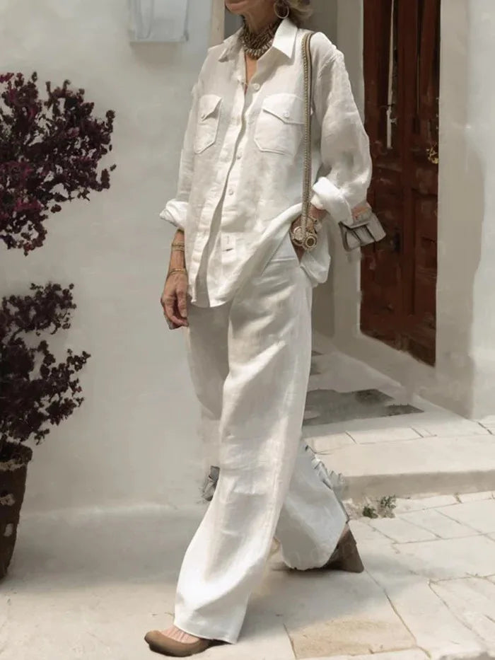 Conjunto Feminino de Linho com 2 Peças: Camisa de Manga Longa com Botões e Calças de Perna Larga