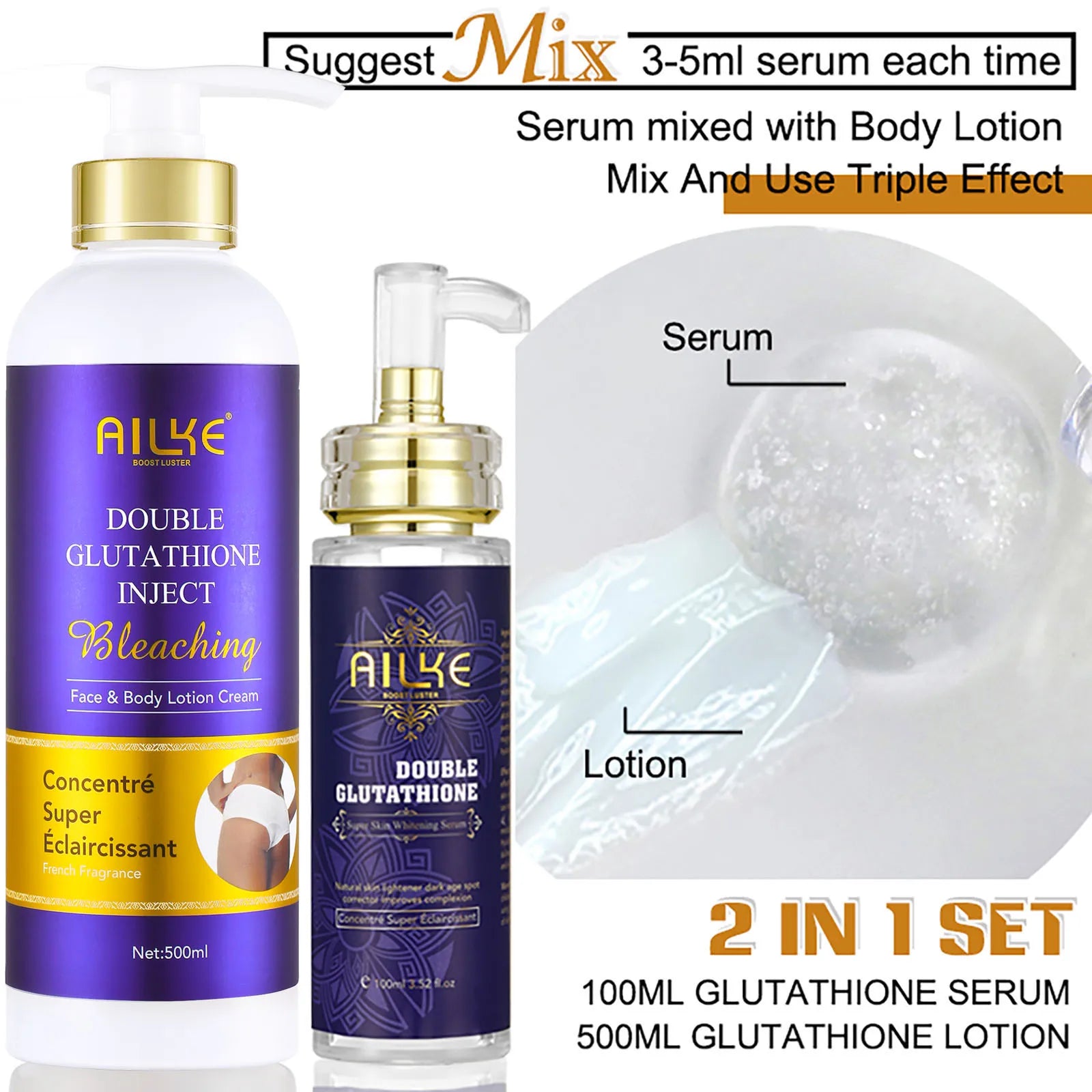 AILKE Clareador de cuidados com a pele, com glutationa dupla, clareador, hidratante, remove manchas escuras, melanina, cuidados faciais brilhantes da pele