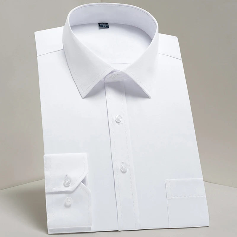 Camisas sociais masculinas clássicas de manga comprida, ajuste padrão, formal, negócios, social, simples, design básico, branco, trabalho, escritório, camisa casual