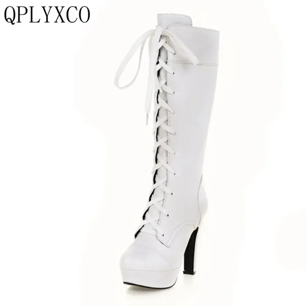 Qplyxco joelho botas altas femininas nova moda pequena tamanho grande 31-45 outono inverno quente rendas até salto alto botas de plataforma longa M-20