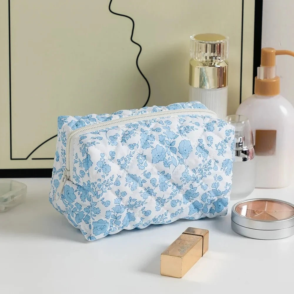 Sacos de maquiagem florais acolchoados com zíper bonito impressão flor organizador de armazenamento acessório de maquiagem saco de higiene pessoal grande saco de cosméticos feminino