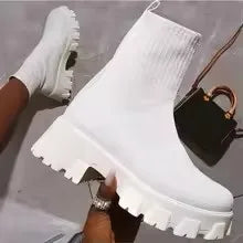 Botas femininas botas de plataforma elástica respirável primavera verão saltos botas mujer deslizamento em botas de tornozelo mulher elegante sapatos de salto