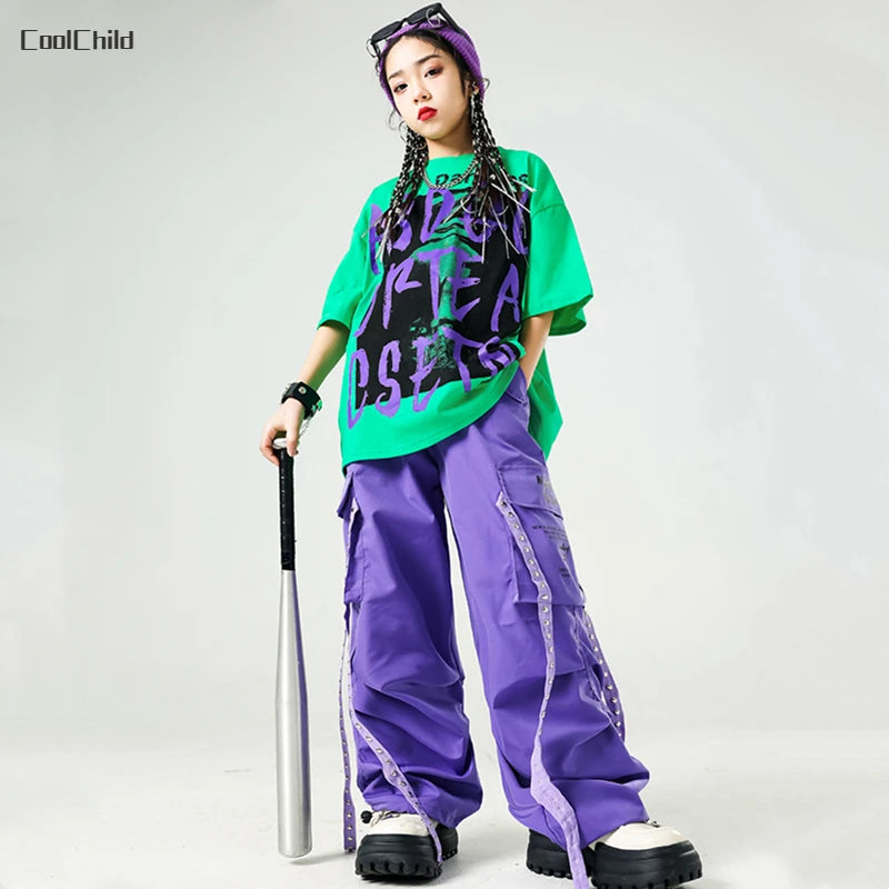 Conjunto de camiseta e calças infantis legais, trajes de jazz, Hip Hop Streetwear, roupas femininas, moda feminina, corredores de rua, colete infantil