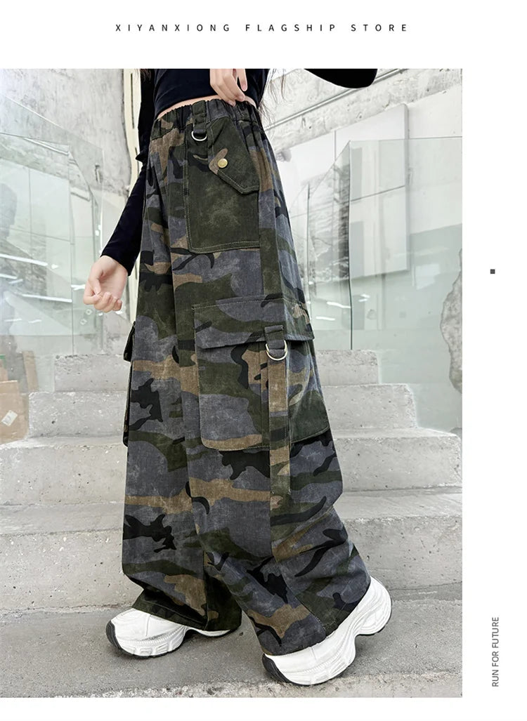 Crianças baggy camuflagem calças de carga com bolso para a menina streetwear y2k camo calças crianças harajuku coreano hip hop sweatpants