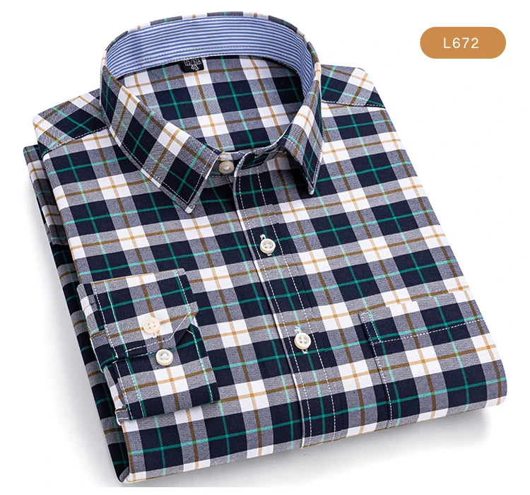 Camisas de vestido de algodão com design de gola de lapela listrada xadrez na moda masculina, camisa casual de manga comprida com botões para primavera/outono