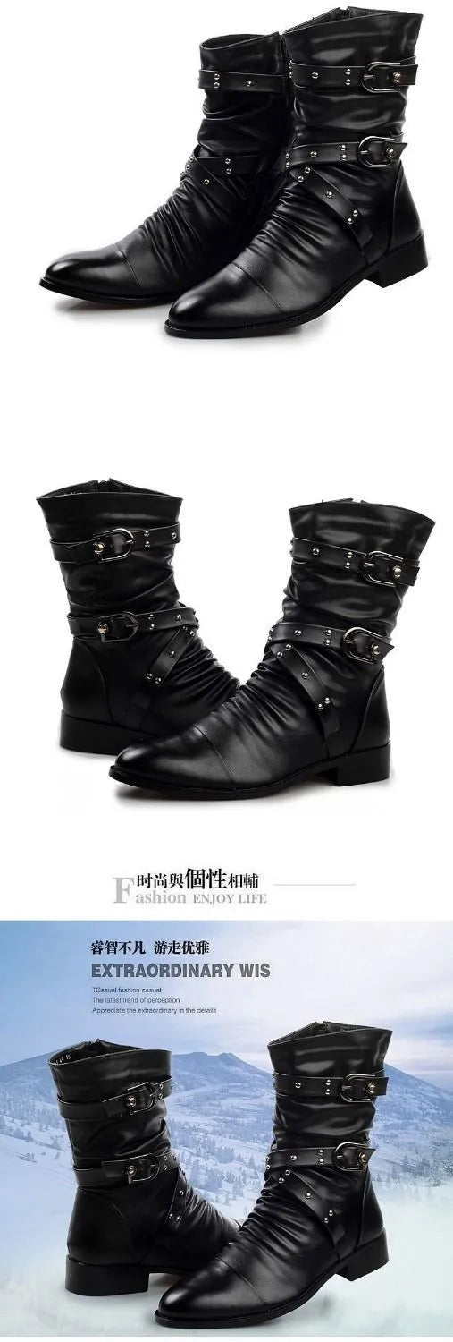 Inverno apontou toe botas de cano médio masculino fivela cinta chelsea bota para homens de couro botas de motocicleta alta superior homem sapato de inverno