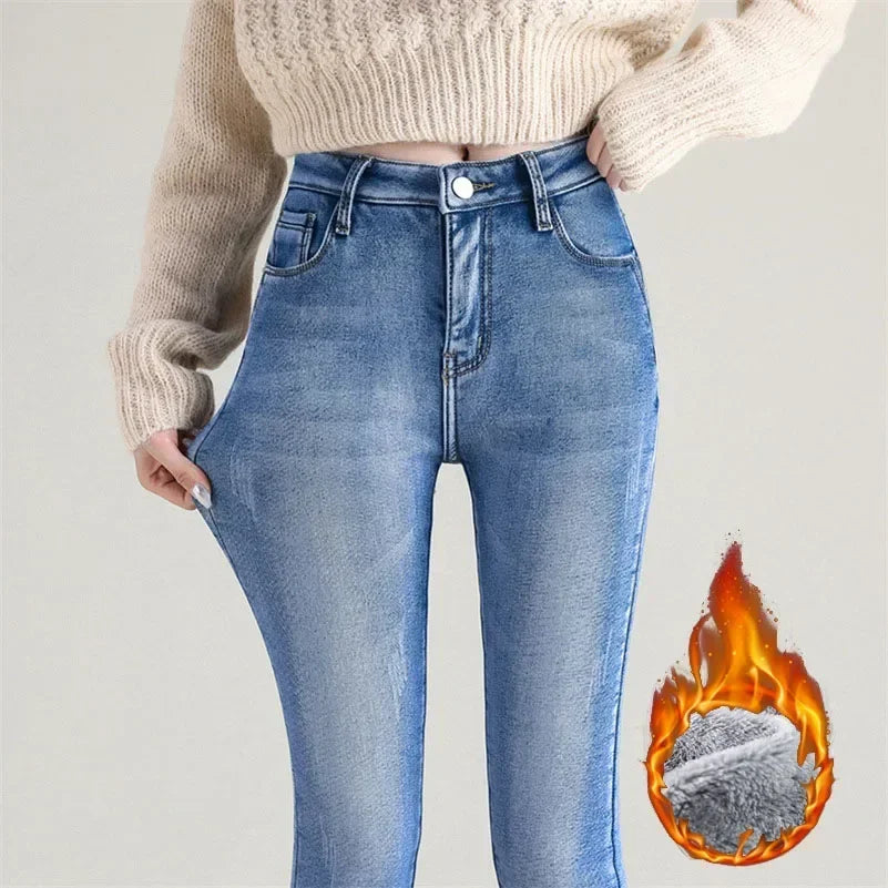 Inverno senhora térmica quente jeans de pelúcia magro estiramento jeans senhora fino ajuste lápis calças meninas perna reta denim
