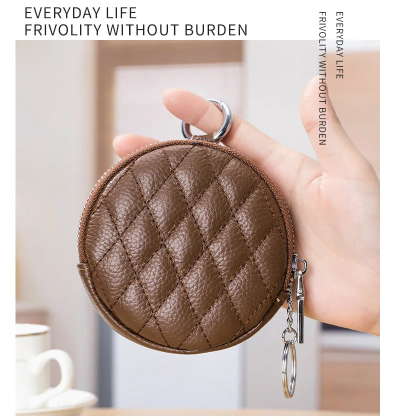 Mini porta-moedas de couro real para mulheres, carteira de costura de diamante mini organizador, bolsa de dinheiro pequena para chaves e fone de ouvido