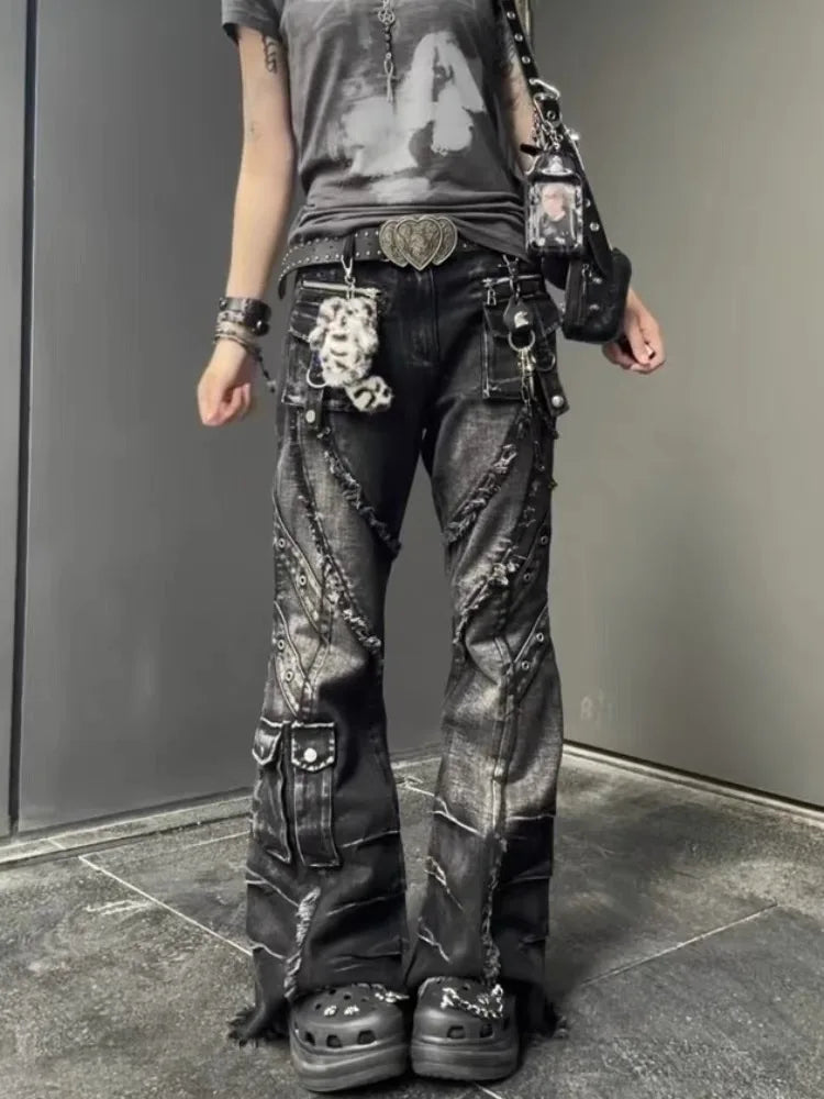 2025 outono inverno calças jeans femininas escuro academia carga jean queimado sino inferior designer kpop japonês y2k 2000s goblin core