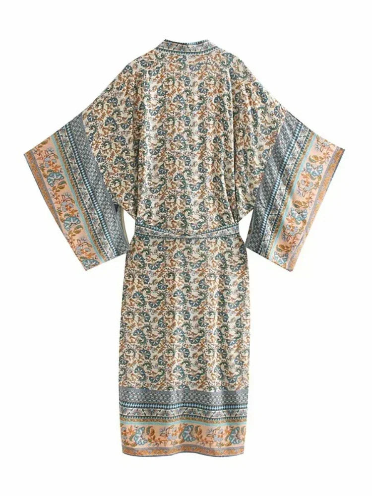 Vintage chique feminino floral impressão batwing manga praia boêmio quimono vestido senhoras com decote em v verão boho robe cover-ups vestidos