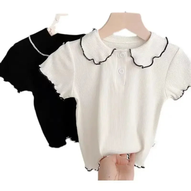 T-shirts de Peter Pan Collar infantil, infantil, meninas, fofo, casual, sólido, preto, branco, estilo coreano, verão, nova chegada, 2022