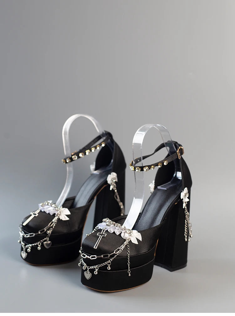 Cruz Japonesa Rhinestone Lolita Salto Alto para Mulheres, Corrente de Metal, Casamento da Noiva Rosa, Doce Sapatos Y2k Mary Jane, Salto Plataforma para Menina