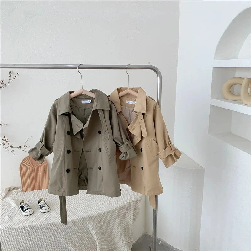 Casaco de manga comprida infantil, jaqueta de meninos e meninas, sobretudo, gola virada para baixo, corta-roupas, primavera, outono, 2 a 10 anos