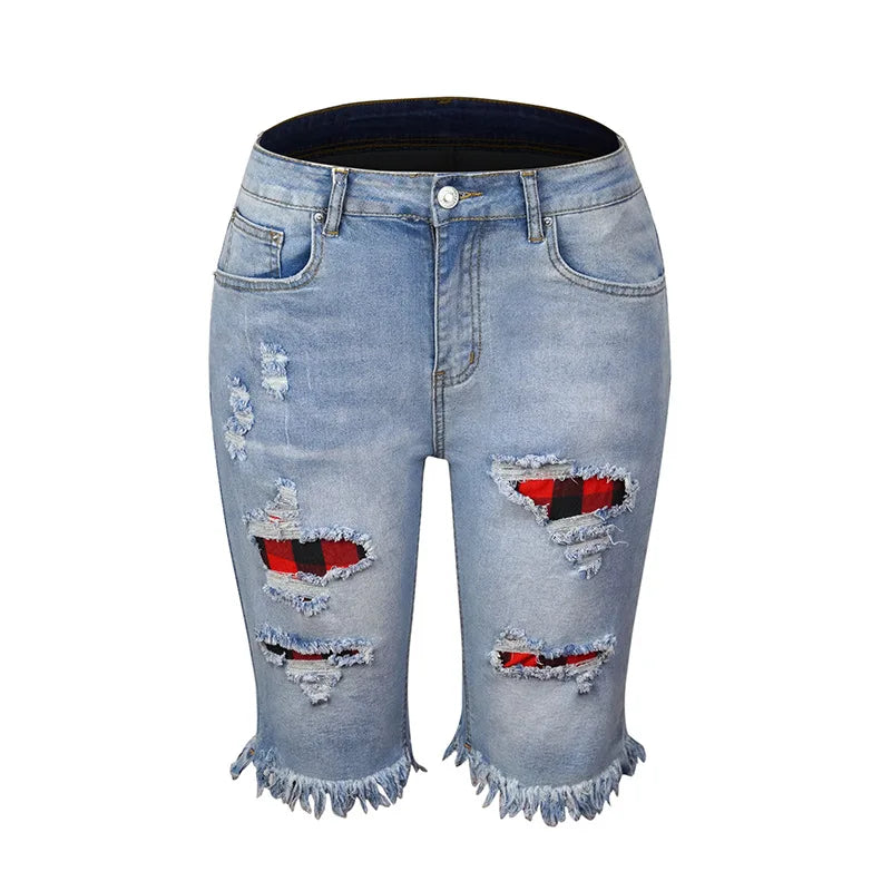 Calça jeans rasgada feminina com borla, calça elástica alta, cintura média, cinco pontos, buraco fino, shorts casuais femininos, verão, rua