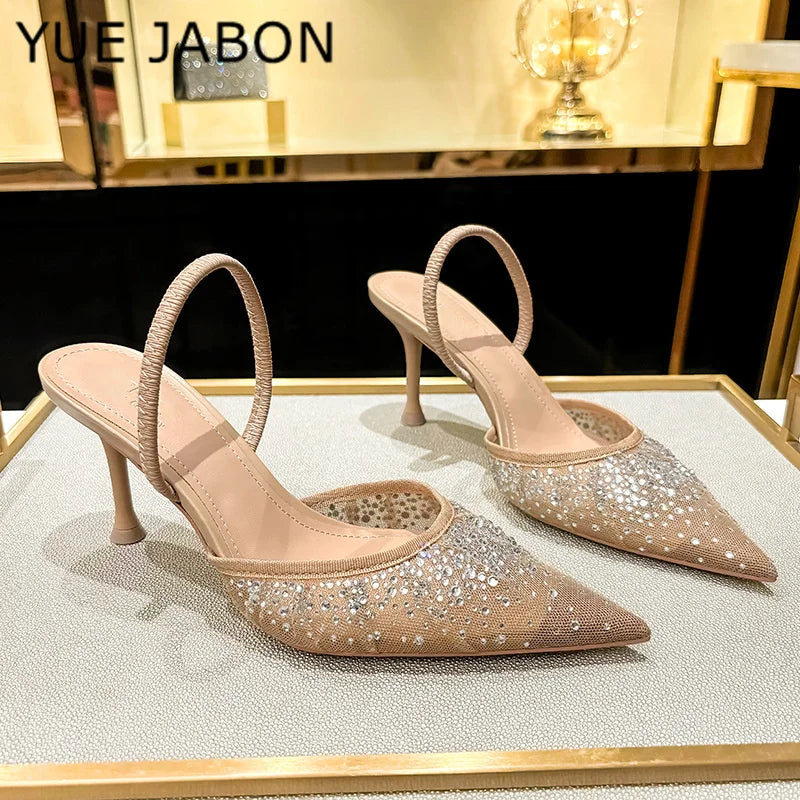 Glitter strass apontou chinelos feminino salto alto verão flip flops feminino sexy sandálias de festa malha respirável mule bombas
