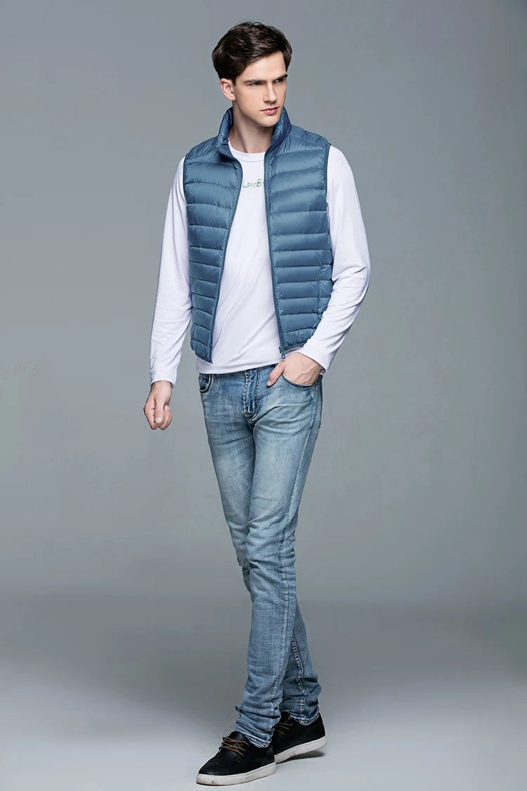 Colete de pato masculino, casacos ultra leves, casacos sem mangas, moda masculina, primavera e outono, 90% Duck Down