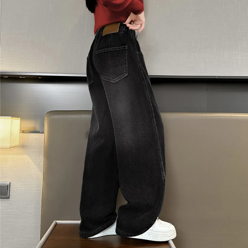 Crianças casuais solto em linha reta ajuste jeans para meninas perna larga legal calças jeans crianças adolescente primavera cintura elástica calças jeans