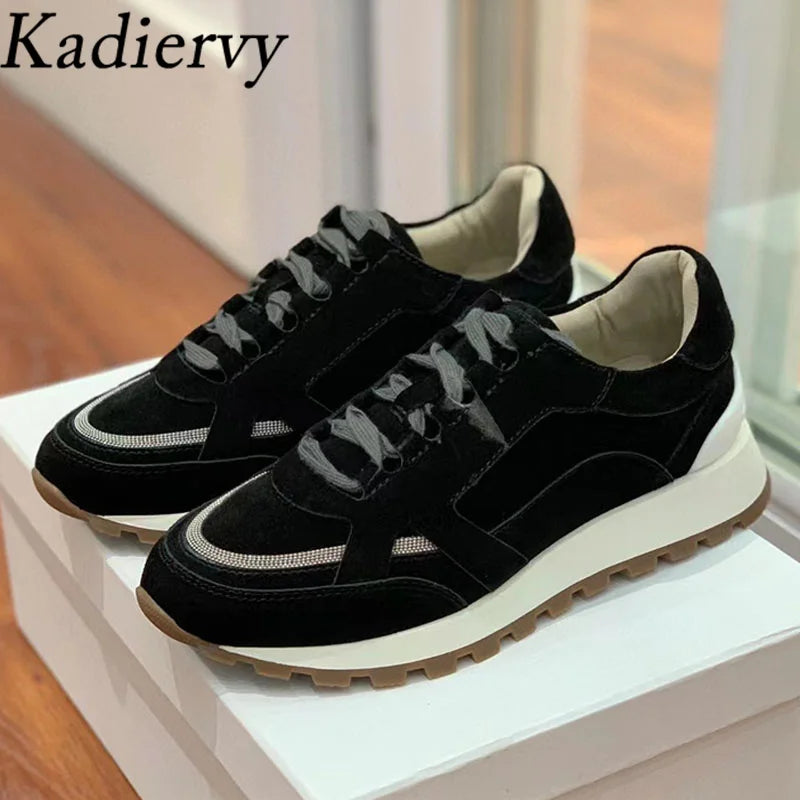 Sapatos casuais mulher dedo do pé redondo corrente corda grânulo conforto tênis de corrida senhoras camurça vaca retalhos rendas até tênis planos