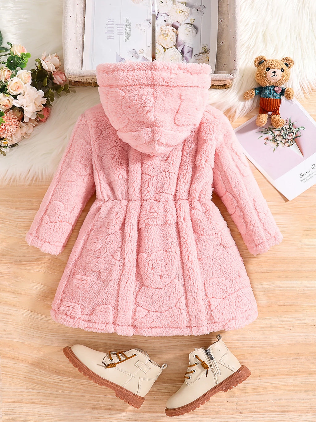 Meninas primavera e outono moda infantil casa casual quente veludo rosa casaco com capuz 4-8y1
