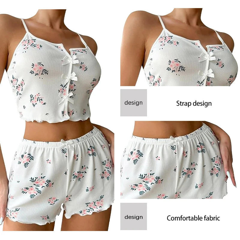 Conjunto de pijama feminino de malha canelada com estampa floral e shorts leves e respiráveis