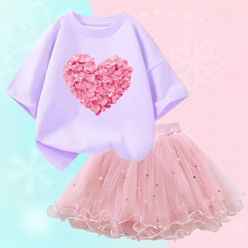 Roupas de verão para meninas, camiseta fofa de gato e saia tutu de malha, conjunto de duas peças, roupas coreanas para crianças de 3 a 14 anos