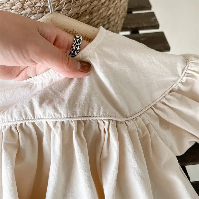 Vestidos de Algodão para Meninas Bebê Estilo Coreano Verão 2026 com Mangas Bufantes em Cores Sólidas